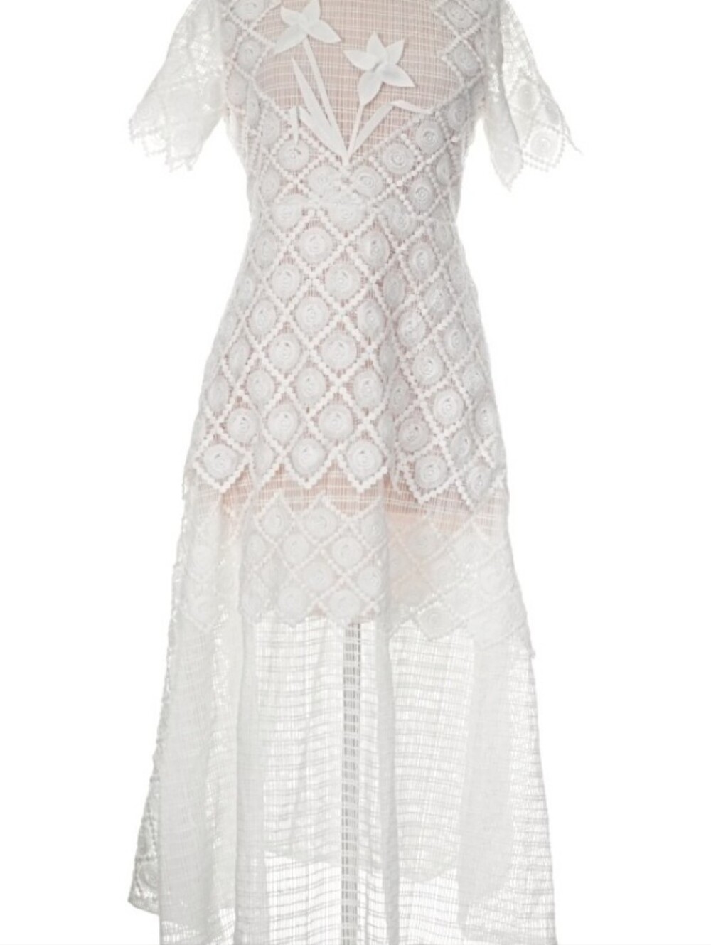 Anette White Lace Midi Maxi Dress with Floral Applique